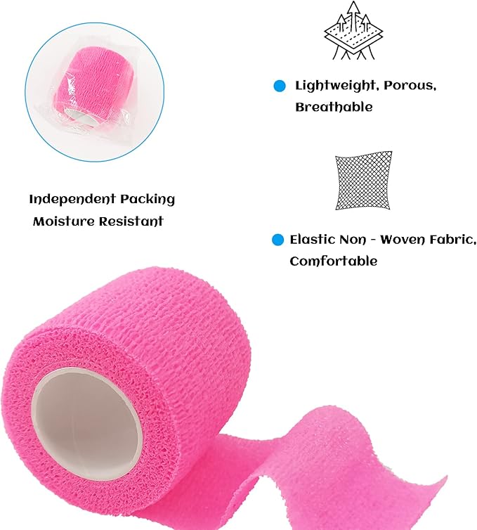 24 Rolls Pink Elastic Self Adhesive Bandage Wrap, Breathable Flexible Fabric Non Woven Cohesive Bandage, Ankle Sprains Swelling Medical First Aid Sports Athletic Tape, Dogs Pet Vet Wrap 2 in x 5 Yards-PurrikoPets