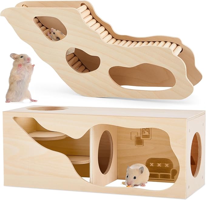 2 Pcs Hamster Houses and Hideouts Hamster Tunnel Set Wood House for Hamster with Climbing Ladder Exploring Tunnel Multi Chamber Maze for Small Animals Pets Gerbils Hedgehogs Rats Mice-PurrikoPets