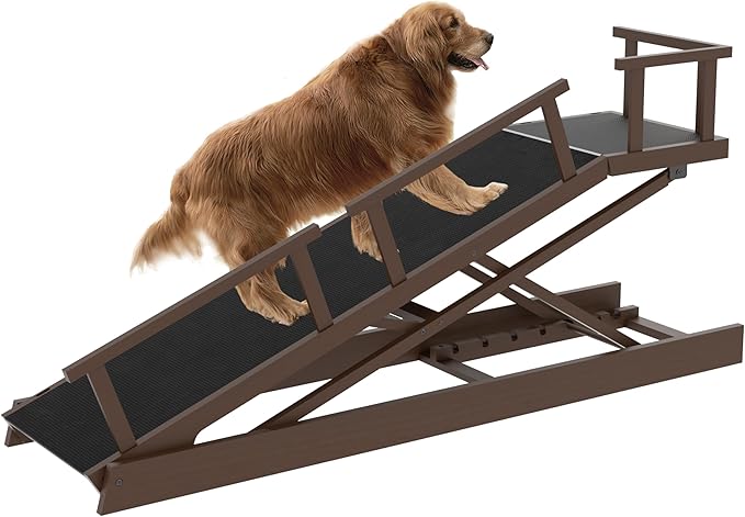 6 Level Height Adjustable Dog Ramp for Bed, Couch 65" Foldable Pet Ramp with Non-Slip Mat，DIY Glow Strips & Rest Platform Heavy Duty Dog Stairs for Large Dogs up to 200Lbs ，Brown-PurrikoPets