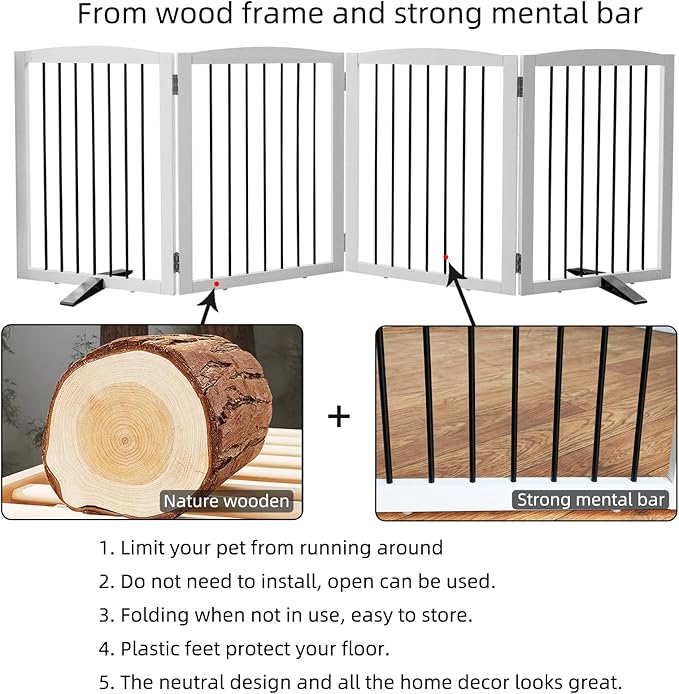 Freestanding Panel Dog Gate for Indoor, Doorways, Stairs, or Hallways - Foldable Wooden Pet Fence With Support Feet - 24" Height, 4 Panels, White-PurrikoPets