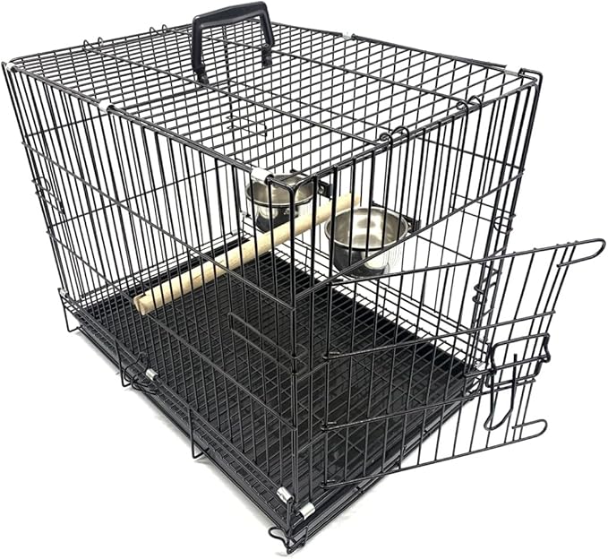 Durable Easy Portable Collapsible Metal Travel or Veterinary Collapsable Parrot Bird Carrier Beaks-Proof Easy Clean Carrier Cage with Stainless Steel Feeder Bowls Natural Wooden Perch-PurrikoPets