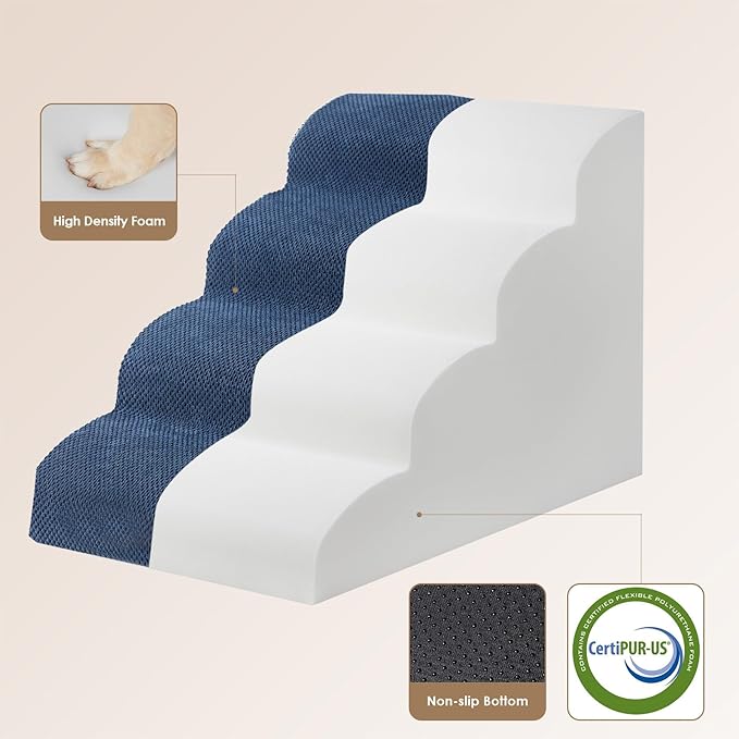 EHEYCIGA Curved Dog Stairs Ramp for High Beds 19.7" H, 4-Step Dog Steps for Small Dogs and Cats, Pet Stairs for High Bed Climbing, Non-Slip Balanced Pet Step Indoor, Navy-PurrikoPets