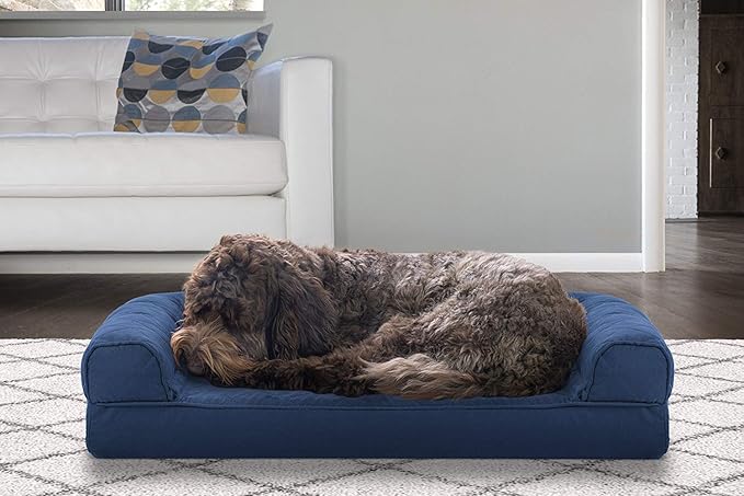 Furhaven Cooling Gel Dog Bed for Medium/Small Dogs w/ Removable Bolsters & Washable Cover, For Dogs Up to 35 lbs - Quilted Sofa - Navy (Blue), Medium-PurrikoPets