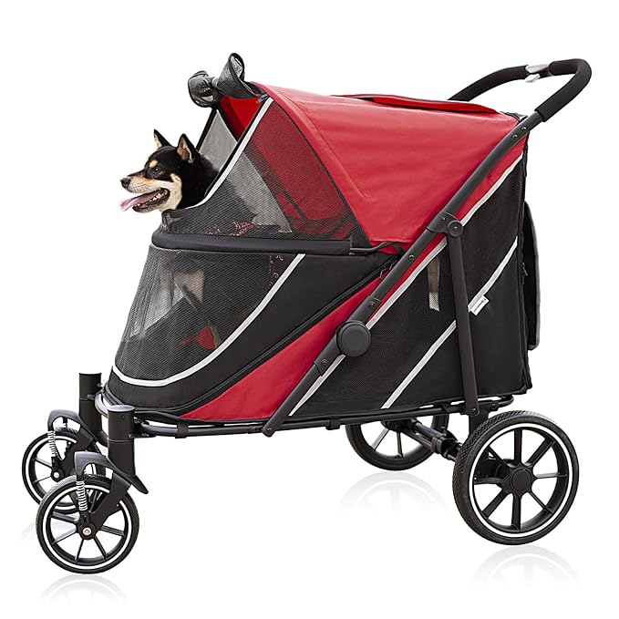 Dog Stroller for Medium/Large Dogs One-Click Folding, Extra Large Pet Stroller for 2 Dogs with Storage Pocket & Shock Absorption, Up to 130 lbs, Red-PurrikoPets