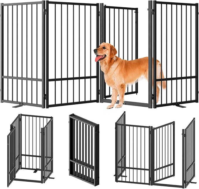 Full Metal Freestanding Dog Gate with Door, 36''Height Foldable Pet Dog Fence for Indoor & Outdoor, 4 Panels Extra Wide Free Standing TallDog Gates for Doorways,House,Stairs,Porch,Deck,Yard-PurrikoPets