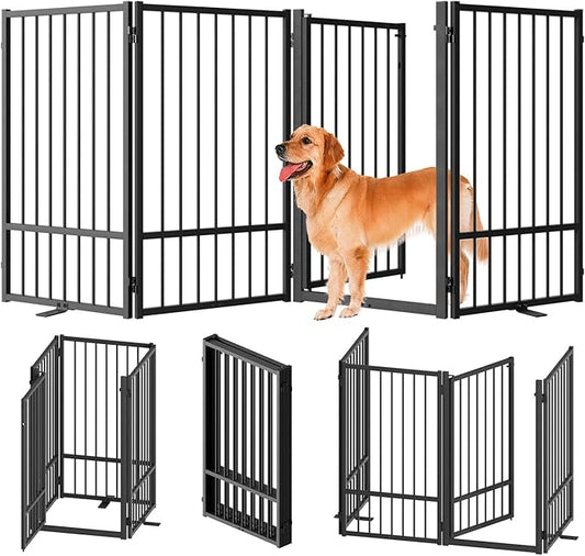 Full Metal Freestanding Dog Gate with Door, 36''Height Foldable Pet Dog Fence for Indoor & Outdoor, 4 Panels Extra Wide Free Standing TallDog Gates for Doorways,House,Stairs,Porch,Deck,Yard-PurrikoPets