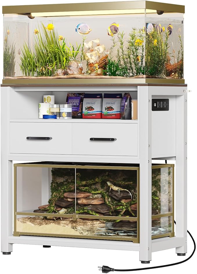 20-29 Gallon Fish Tank Stand with Power Outlet & 2 Storage Drawers, Heavy Duty Metal Frame Aquarium Stand with Waterproof Mat, 30.7" L*15.7" W Tabletop, 550LBS Capacity, White+Brown-PurrikoPets