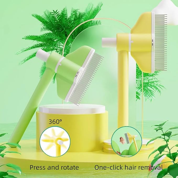360° Press and Rotate Flea Comb for Cats and Dogs - Self-Cleaning Pet Hair Removal Tool with Release Button & Long-Short Stainless Steel Teeth for Shedding (Green)-PurrikoPets