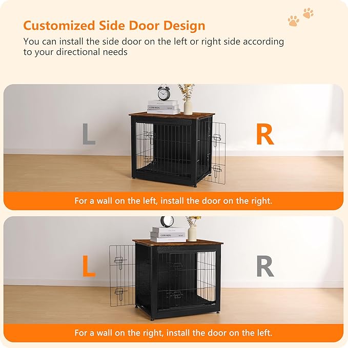 DWANTON Dog Crate Furniture with Cushion, Wooden Kennel Table with Double Doors, Indoor Dog House, Small/Medium/Large Size, 27.2" L, Black+Rustic Brown-PurrikoPets