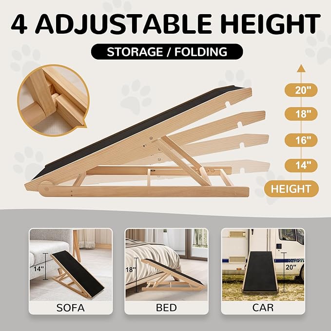 ABORON Dog Ramp,Adjustable Folding Pet Ramp for Bed,Couch,SUV - High Traction Portable Rubber Paw Ramps,Great for Small & Large Old Dogs & Cats, Supports up to 200 lbs-PurrikoPets
