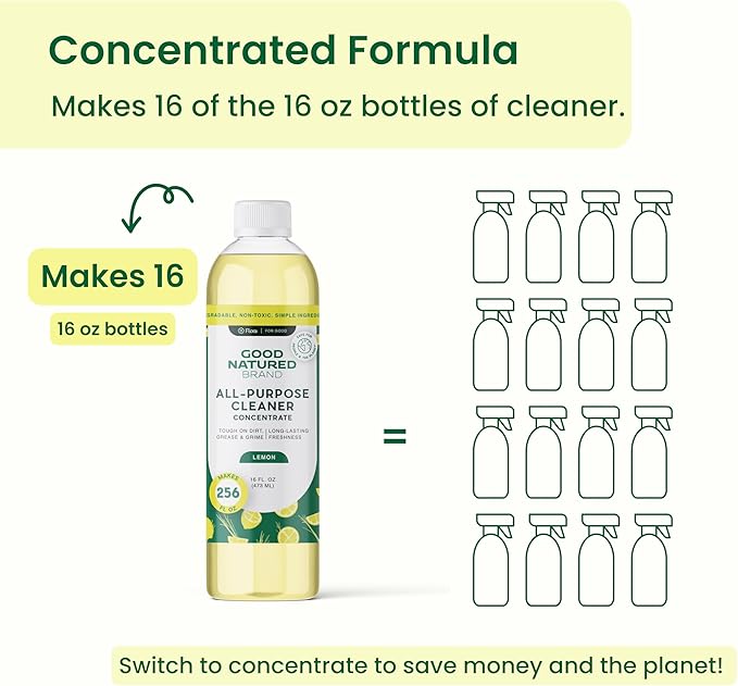 Good Natured Brand All-Purpose Cleaner Concentrate | Multi-Surface Cleaner | Natural Lemon Essential Oil | Multipurpose Cleaner Concentrate All Surfaces | Lemon Love | 16oz makes 256oz-PurrikoPets