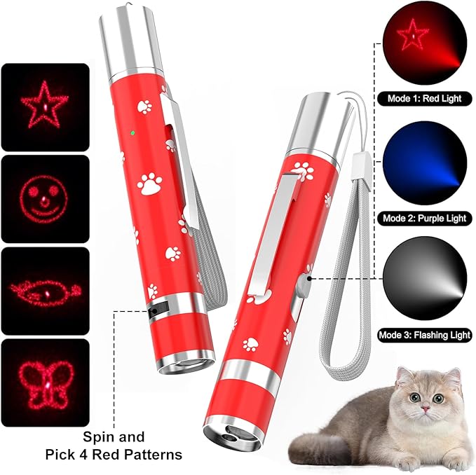 EAWONGEE Cat Toys, Rechargeable Interactive Toy for Cats with 7 Light Projection Modes, Indoor Kitty Pet Dog Toy for Training Chaser, 2 PCS Red-PurrikoPets