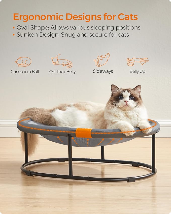 Feandrea Pet Bed, Cat Hammock, Elevated Cat Bed for Multiple Cats, with Removable Washable Mesh, for Pets up to 28 lb, Oval, Gray UPCB002G01-PurrikoPets
