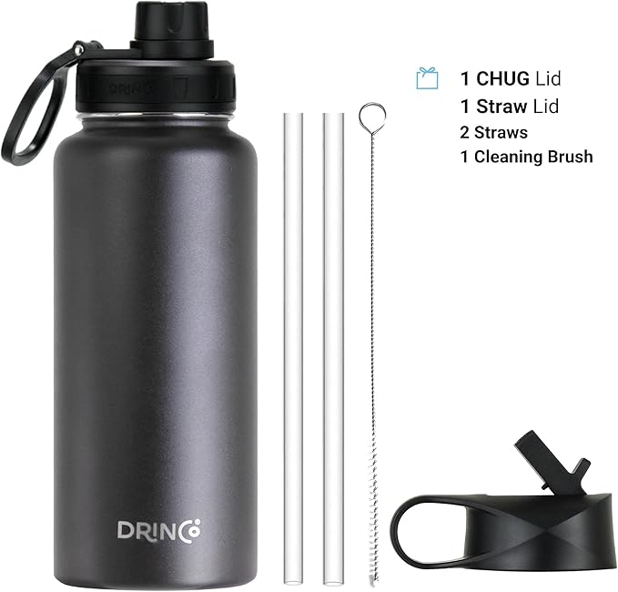 DRINCO Stainless Steel Water Bottle Spout Lid Vacuum Insulated Double Wall Water Bottle Wide Mouth (40oz 32oz 22oz 18oz 14oz) Leak Proof Keep Cold Sport Camping Hiking (32 oz, 32oz Black)-PurrikoPets