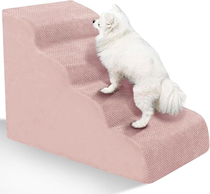 Dog Stairs for Small Dogs - High Density Foam Pet Steps, Extra Wide Dog Ramp with Non-Slip Bottom for High Beds, Couch and Sofa, Best for Dogs Injured, Older Doggy Cats,4 Stpes, Pink-PurrikoPets