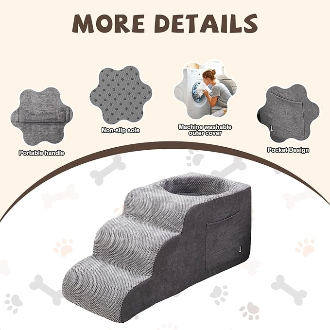 Dog Stairs, Dog Stairs for Small Dogs, 3-Step Pet Stairs, Dog Steps for Bed, Dog ramp, pet Stairs for high beds, Old Dog pet Steps, Non-Slip Pet Step Indoor, Grey-PurrikoPets