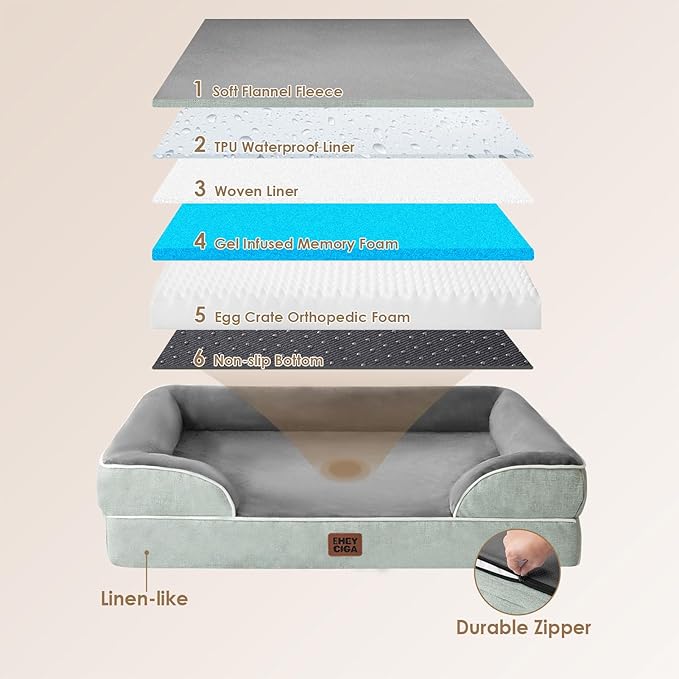 EHEYCIGA Orthopedic Dog Beds for Extra Large Dogs, Waterproof Memory Foam XXL Dog Bed with Sides, Non-Slip Bottom and Egg-Crate Foam Big Pet Couch Bed with Washable Removable Cover, Greyish Green-PurrikoPets