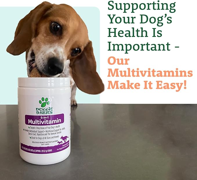 Doggie Dailies 5 in 1 Multivitamin for Dogs, Dog Multivitamin for Skin and Coat Health, Joint Health, Improved Digestion, Antioxidants, Support a Healthy Immune System (Peanut Butter) 225 Soft Chews-PurrikoPets