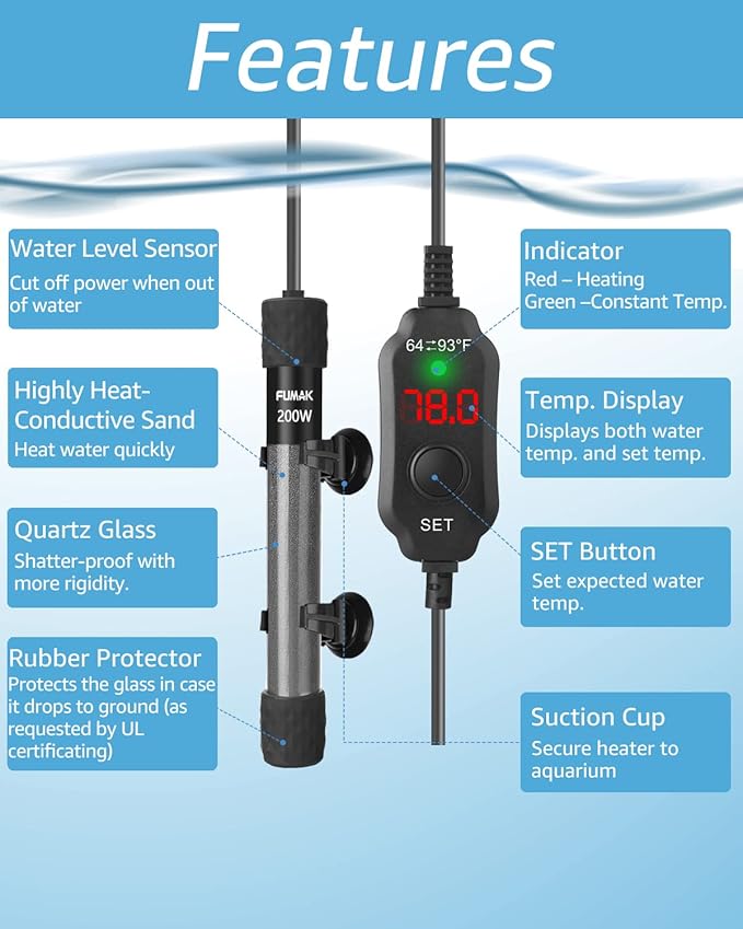 200W Adjustable Aquarium Heater Super Short Submersible Fish Tank Heater Fish Heater with LED Digital Display Thermostat, for Tanks 20-40 Gallons-PurrikoPets
