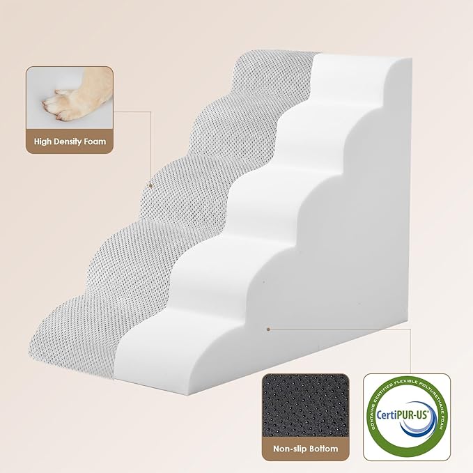 EHEYCIGA Curved Dog Stairs Ramp for High Beds 22.6" H, 5-Step Dog Steps for Small Dogs and Cats, Pet Stairs for High Bed Climbing, Non-Slip Balanced Pet Step Indoor, Light Grey-PurrikoPets