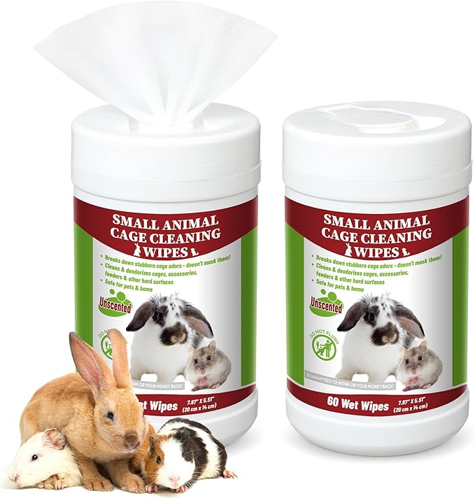 2 Pack Small Animal Cage Wipes 120 Count Small Animal Cage Clean up Wipes Removes Stubborn Caked-on Hamster Cage Cleaner for Pet Bunny Supplies Cleaning Deodorizing-PurrikoPets