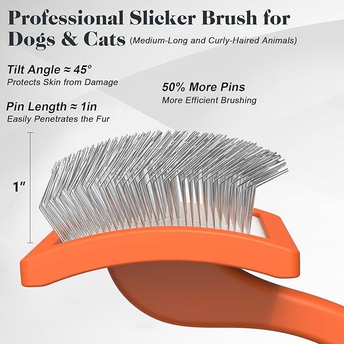 2PCS Slicker Brush for Dogs & Pet Comb,Professional Dog Grooming Brush (Goldendoodles,Poodles,Labradoodles) with Extra Long Pins to Effectively Remove Tangles, Knots and Mats (Orange)-PurrikoPets