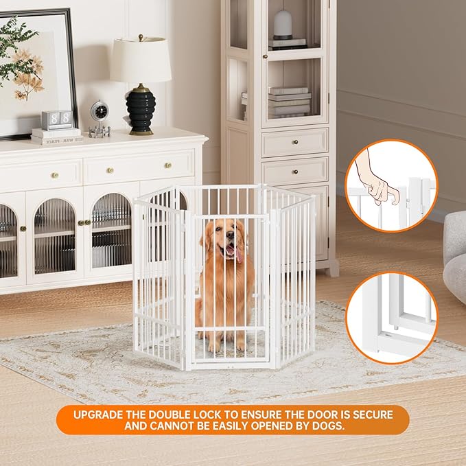 Full Metal Freestanding Dog Gate with Door, 36''Height Foldable Pet Dog Fence for Indoor & Outdoor, 6 Panels Extra Wide Free Standing TallDog Gates for Doorways,House,Stairs,Porch,Deck,Yard-PurrikoPets