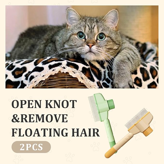 2-Pack Pet Hair Removal Comb & Flea Comb with Release Button for Cats & Dogs - Grooming Brush for Short/Long Hair Green & Yellow-PurrikoPets