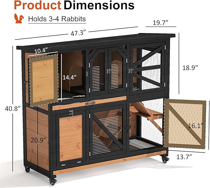 47.3" Two Story Rabbit Cage Bunny Cage Indoor, Wooden Rabbit Hutch Hamster Cages for Small Animals, Outdoor Guinea Pig Cages with Wheels & 2 Removable Trays & Bottom Wire Mesh-PurrikoPets