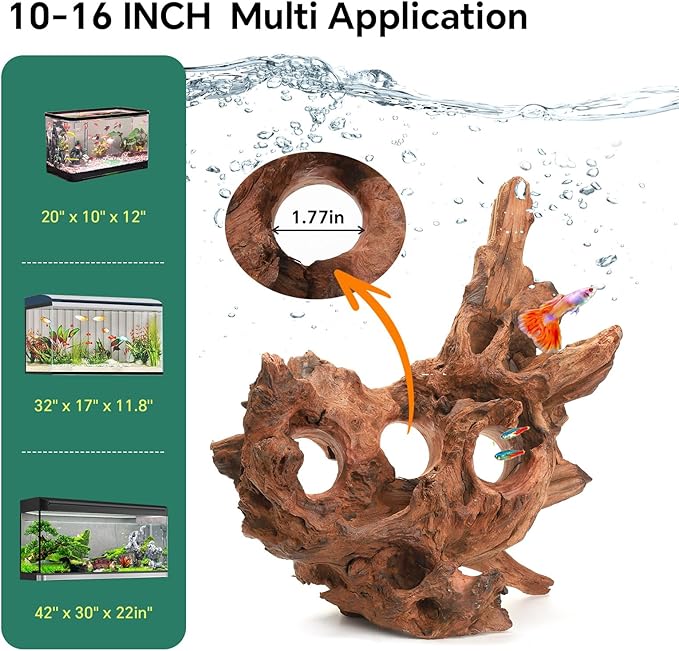 Driftwood for Aquarium Natural Aquarium Wood for Aquascaping Fish Tank Decorations Reptile Tank Decor (Porous Natural Driftwood 10-16“)-PurrikoPets