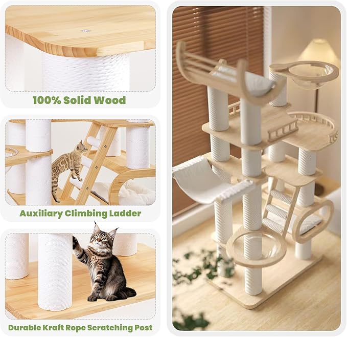 82.7'' Large Cat Tree, Modern Cat Tower with Scratching Post, Luxury Cat House, Wood Cat Tree for Indoor Cats Large Adult, Multi-Level Activity Center with Hammock, Clear Bowl, Semi-Closed Condo-PurrikoPets