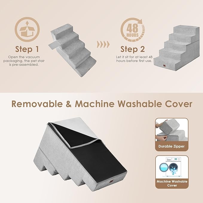 EHEYCIGA Dog Stairs for High Bed 25" H, 5-Step Extra Wide Dog Steps for Bed, Pet Steps for Small Dogs and Cats, Non-Slip Balanced Pet Ramp Indoor, Light Grey-PurrikoPets