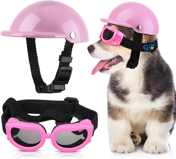 Frienda Dog Helmet and Goggles, UV Protection Doggy Sunglasses and 4 Inch Padded Puppy Motorcycle Helmet Adorable Dog Goggles with Adjustable Belt for Small Dogs Puppy Riding(Pink,S)-PurrikoPets