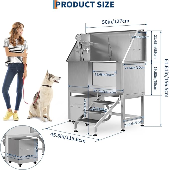 50" Stainless Steel Professional Dog Washing Station - Pet Bathing Tub w/Non-Slip Stairs & Storage Shelf | Slip-Resistant Floor Grate | for Large/Medium/Small Dogs-PurrikoPets