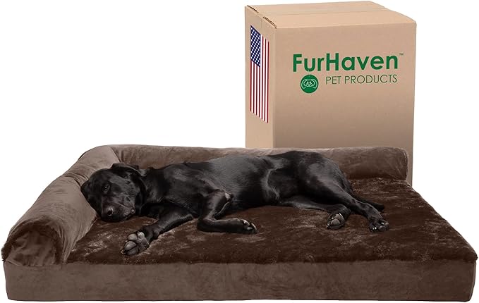 Furhaven Cooling Gel Dog Bed for Large Dogs w/ Removable Bolsters & Washable Cover, For Dogs Up to 125 lbs - Plush & Velvet L Shaped Chaise - Sable Brown, Jumbo Plus/XXL-PurrikoPets