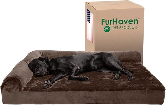 Furhaven Cooling Gel Dog Bed for Large Dogs w/ Removable Bolsters & Washable Cover, For Dogs Up to 125 lbs - Plush & Velvet L Shaped Chaise - Sable Brown, Jumbo Plus/XXL-PurrikoPets