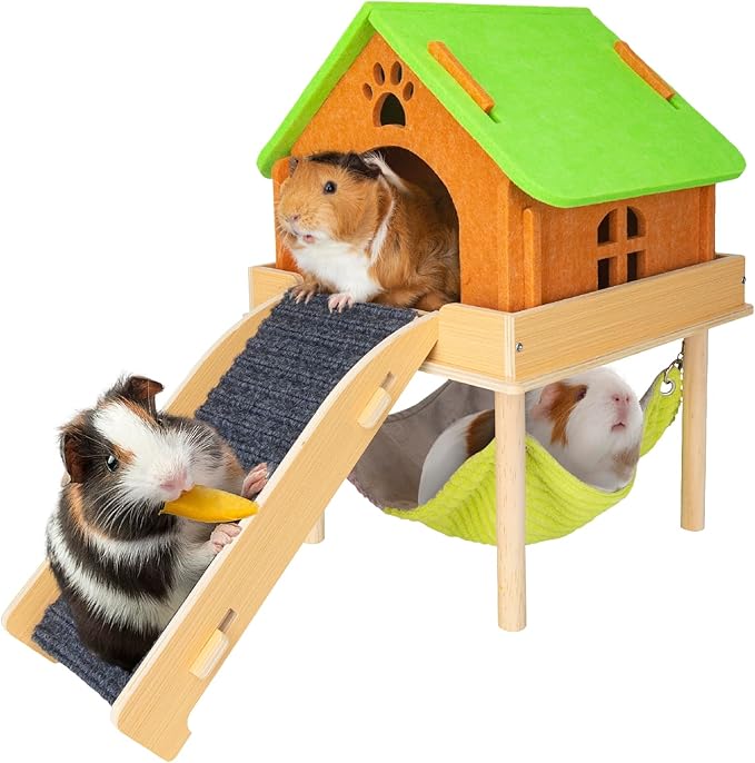 3 in 1 Enlarged Guinea Pig Hammock with House & Platform,Wooden Guinea Pig Hideout with Hammock & Stairs Small Animal Toys for Hiding Sleeping Activities-PurrikoPets