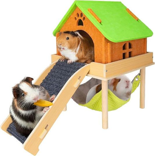 3 in 1 Enlarged Guinea Pig Hammock with House & Platform,Wooden Guinea Pig Hideout with Hammock & Stairs Small Animal Toys for Hiding Sleeping Activities-PurrikoPets