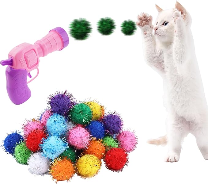 Dorhui Cat Toy Balls with Launchers Set, 30 Pcs Sparkle Pom Ball for Cat,Cat Enrichment Toys,cat Toys for Indoor Cats, Interactive Glitter Pom Ball for Kitty Gifts-PurrikoPets