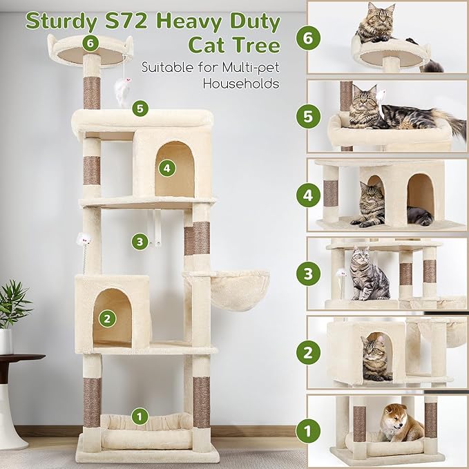 Globlazer Heavy Duty Cat Trees for Large Cats, Sturdy 72in Maine Coon Cat Tree for Large Cat 20 lbs+ Heavy Duty Cat Tower for Adult Biggest Cats with 6 Scratching Posts, Hammock, S72, Beige-PurrikoPets