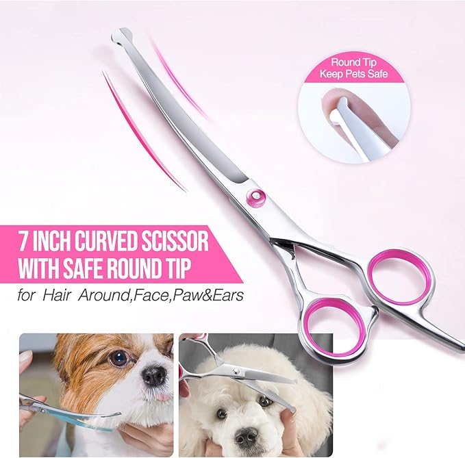 Gimars Dog Grooming Scissors Kit Professional 4CR with Safety Round Tip, 5 in 1 Heavy Duty Titanium Coated Thinning & Curved & Straight Shears-PurrikoPets