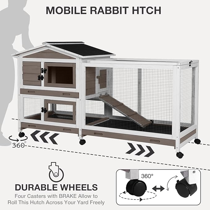 2-Story Indoor Rabbit Hutch with Chew-Proof Outdoor Rabbit Cage with 6 Locking Casters Bunny Cage 2 Pull-Out Trays Guinea Pigs Cage 62" Brown-PurrikoPets
