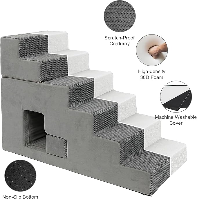 Dog Stairs for Small Dogs 27”H, 6-Step Dog Steps for High Bed, High-Density Foam Pet Stairs with Non-Slip Removable Washable Cover to Get on Bed(Grey)-PurrikoPets