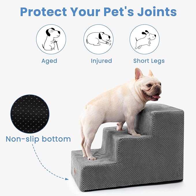 Dog Stairs for Small Dogs & Cats,3-Step Extra Wide Non-Slip Pet Steps for Couch Sofa and Chair,Grey,15.7" H-PurrikoPets