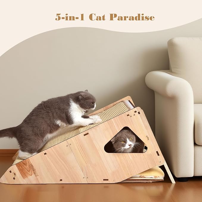 32in Cat Scratching Posts for Indoor Cats: Replaceable Sisal Mats & Sturdy 3D Wood Frame, Integrated Cat Condo, Hideout, Tunnel, All-in-One Space Saver for Multi-Cat & Budget-Friendly Homes-PurrikoPets