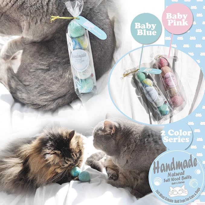 Felt Wool Cat Toys Ball with Catnip and Bell, Natural Handmade (Baby Blue (5 Units))-PurrikoPets