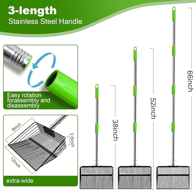 12inch Large Chicken Poop Scooper，2 Widths of Slots Litter Sifting Shovel （23 to 66"），Chicken Coop Litter Scoop with Stainless Steel Handle, 4 in 1 Multifunctional Heavy Duty Chicken Coop Accessories-PurrikoPets