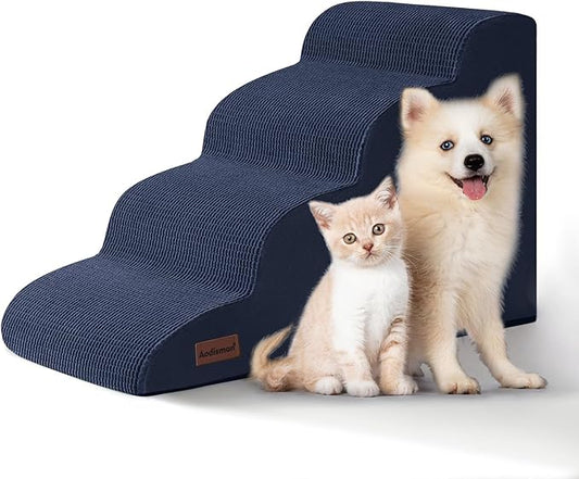 4-Step Dog Stairs and Ramp for Beds or Couches,Non-Slip Sturdy Pet Steps for Small Dogs and Cats,17.4" H,Blue-PurrikoPets