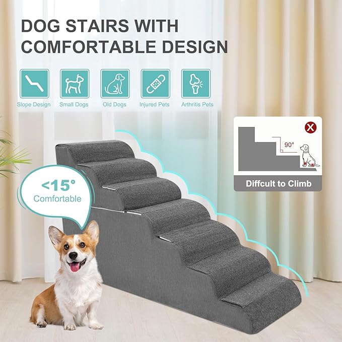 7-Step Dog Stairs for High Bed - 29.5" Adjustable Dog Ramps for Couch, Non-Slip Sturdy Pet Steps for Small Dogs, Washable Cover, Removable Modular Design, Dual 11.8” & 17.7” Steps for Custom Height-PurrikoPets