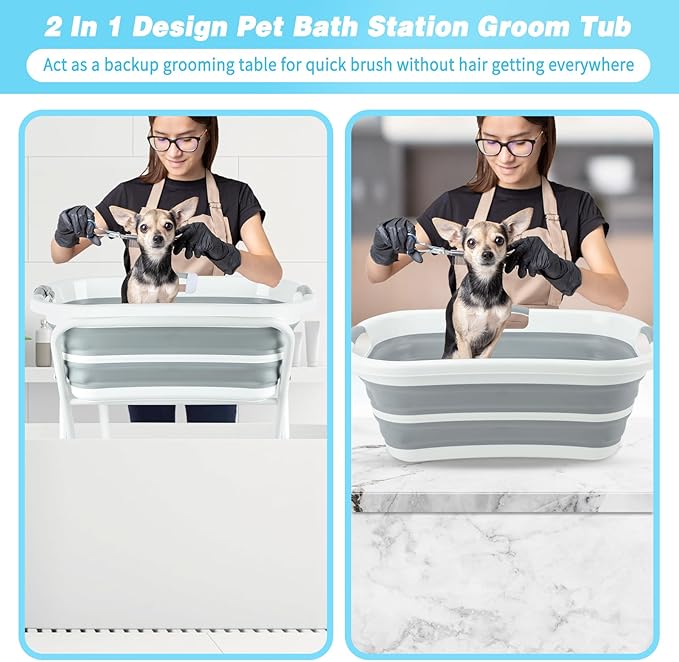 FHTONGE Elevated Dog Bathtub Grooming Station with Drain Adjustable Collar, 2 in 1 Collapsible Dogs Beautify Bathtub Portable Pet Washing Station, Pet Tub for Small Medium Dog Cat Shower Hairdressing-PurrikoPets